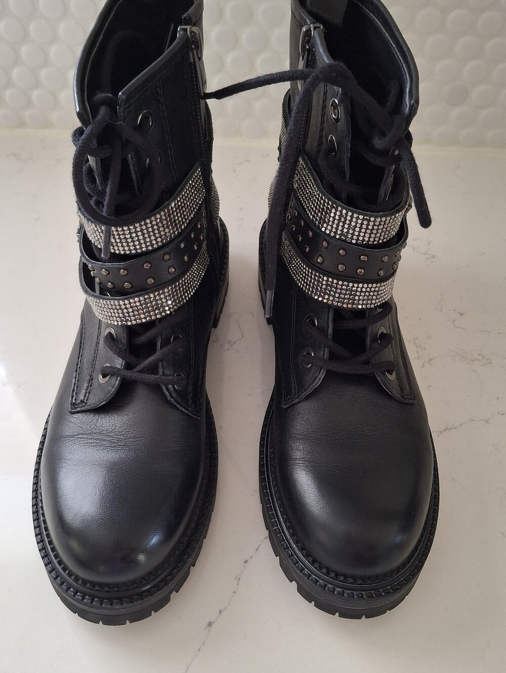 Steve Madden Captain Leather Studded Rhinestone Rockstar Combat Boots 6